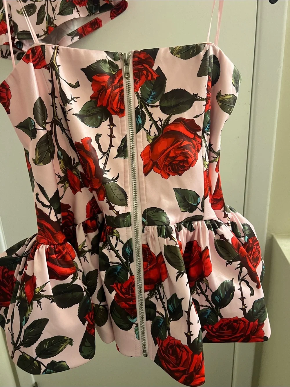 AKIRA Pink and Red Rose Print Peplum Bustier with Matching Skirt - Picture 6 of 7